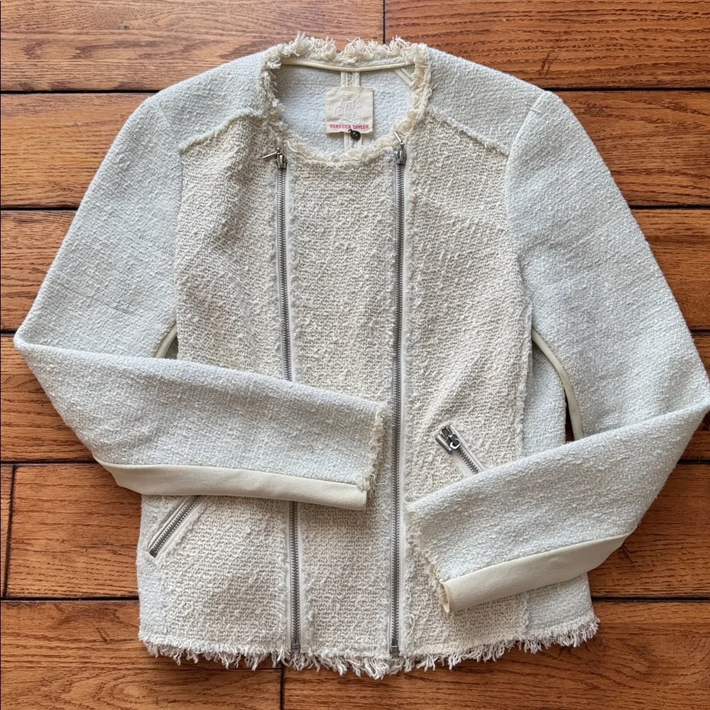 Rebecca Taylor‎ Genuine Lamb Leather Detail Tweed Jacket Beige/Light Blue Sz 8